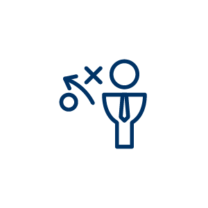 Icon showing person next to x and o with arrow going in between symbolizing strategy